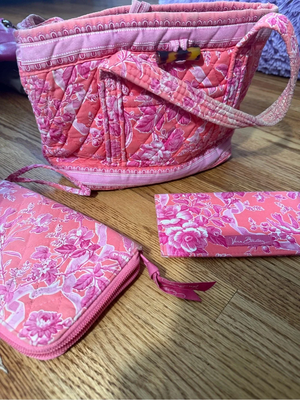 Vera Bradley Coral Pink Quilted Floral Cosmetic Bag with Tortoiseshell Accent